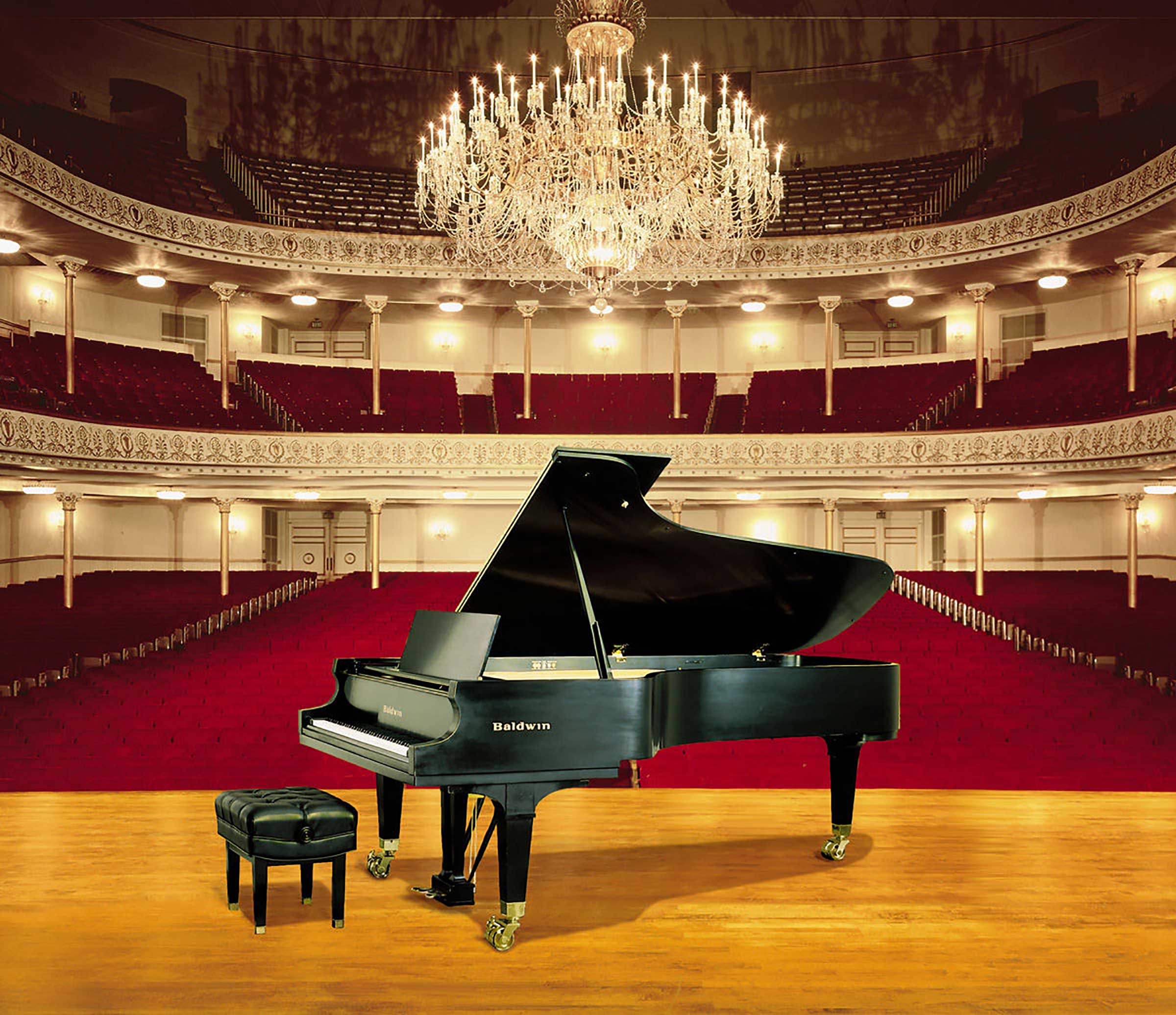 Baldwin grand piano in concert hall